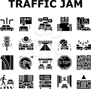 Traffic Jam Transport Collection Icons Set Vector. Broken Car And Accident, Traffic Light And Human Crossing Road On Crosswalk Glyph Pictograms Black Illustrations