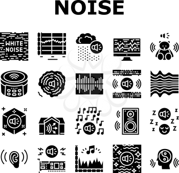 White Noise Hearing Collection Icons Set Vector. Speaker Dynamic And Audio Card, Relaxation And Music For Sleep, Rain Noise And Sound Glyph Pictograms Black Illustrations