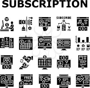 Subscription Content Collection Icons Set Vector. Buying Video Game And Music, Electronic Book And Film, Subscription On Blog Or Video Channel Glyph Pictograms Black Illustrations