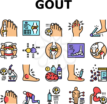 Gout Health Disease Collection Icons Set Vector. Ridge And Articular Cartilage Gout, X-ray Radiograph And Syringe For Treatment Health Problem Concept Linear Pictograms. Contour Color Illustrations
