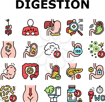 Digestion Disease And Treatment Icons Set Vector. Digestion System And Gastrointestinal Tract, Examining And Consultation, Heartburn And Gassing Concept Linear Pictograms. Contour Color Illustrations