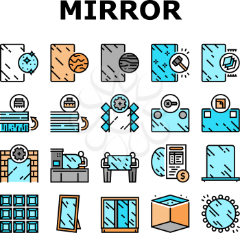 Mirror Installation Collection Icons Set Vector. Silver, Bronze or Graphite Mirror, Making For Wardrobe And Bathroom, Polishing And Making Custom Concept Linear Pictograms. Contour Color Illustrations