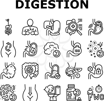 Digestion Disease And Treatment Icons Set Vector. Digestion System And Gastrointestinal Tract, Examining And Consultation, Heartburn And Gassing Black Contour Illustrations