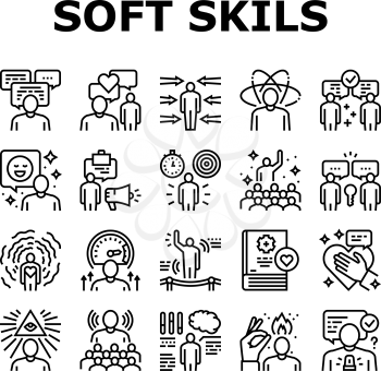 Soft Skills People Collection Icons Set Vector. Creativity And Decision Making, Understanding Body Language And Learning, Soft Skills Black Contour Illustrations