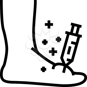 syringe treatment foot gout line icon vector. syringe treatment foot gout sign. isolated contour symbol black illustration