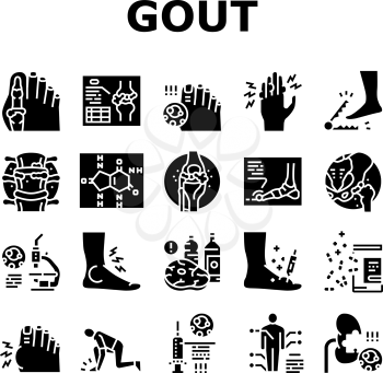 Gout Health Disease Collection Icons Set Vector. Ridge And Articular Cartilage Gout, X-ray Radiograph And Syringe For Treatment Health Problem Glyph Pictograms Black Illustrations