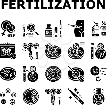 Fertilization Treat Collection Icons Set Vector. Fertilization Help And Consultation, Analysis And Medicaments, Ovulation And Freezing Sperm Glyph Pictograms Black Illustrations