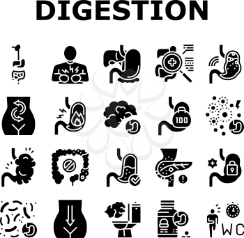 Digestion Disease And Treatment Icons Set Vector. Digestion System And Gastrointestinal Tract, Examining And Consultation, Heartburn And Gassing Glyph Pictograms Black Illustrations