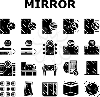 Mirror Installation Collection Icons Set Vector. Silver, Bronze or Graphite Mirror, Making For Wardrobe And Bathroom, Polishing And Making Custom Glyph Pictograms Black Illustrations