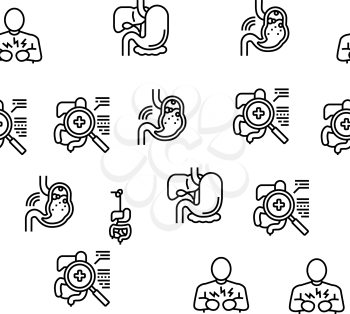 Digestion Disease And Treatment Icons Set Vector. Digestion System And Gastrointestinal Tract, Examining And Consultation, Heartburn And Gassing Black Contour Illustrations