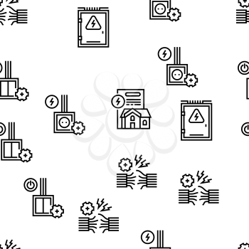 Electrical Installation Tool Icons Set Vector. Socket And Substation Automation Box Installation, Wall Chipping And Drilling For Wiring Black Contour Illustrations