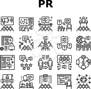 Pr Public Relations Collection Icons Set Vector. Pr Strategy And Events, Interview And Press Release, Meeting And Responses To Media Inquiries Black Contour Illustrations
