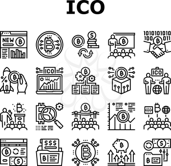 Ico Initial Coin Offer Collection Icons Set Vector. Ico Platform And Successful Start, Presentation And Investing, Development And Cryptocurrency Black Contour Illustrations