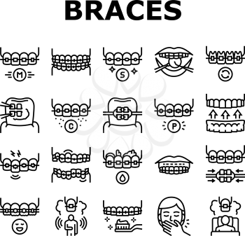 Tooth Braces Accessory Collection Icons Set Vector. Tooth Braces Installation And Correction, Metal And Sapphire, Ceramic And Plastic Material Black Contour Illustrations