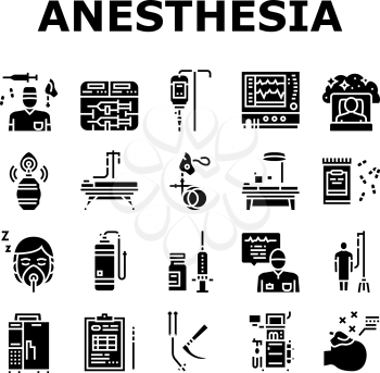 Anesthesiologist Tool Collection Icons Set Vector. Syringe Pump, Anesthesia Machine And Heart Rate Monitor Anesthesiologist Equipment Glyph Pictograms Black Illustrations