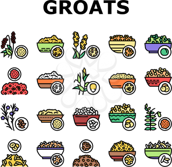 Groats Natural Food Collection Icons Set Vector. Amaranth And Artek, Rice And Corn, Beans And Couscous, Peas And Quinoa Groats Concept Linear Pictograms. Contour Color Illustrations