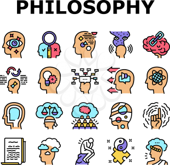 Philosophy Science Collection Icons Set Vector. Social Philosophy And Logic, Aesthetics And Ethics, Metaphilosophy And Epistemology Concept Linear Pictograms. Contour Color Illustrations