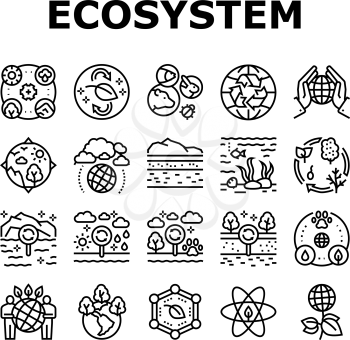 Ecosystem Environment Collection Icons Set Vector. Ecosystem And Ecology, Biodiversity And Life Cycle, Biosphere And Atmosphere Black Contour Illustrations