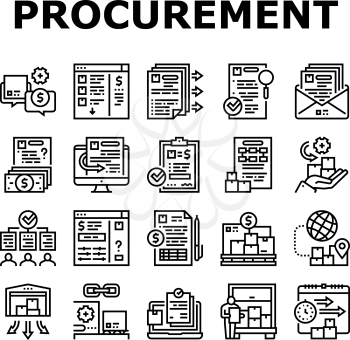 Procurement Process Collection Icons Set Vector. Procurement Warehouse And Contract, Purchase Requisition And Budget Approval Black Contour Illustrations