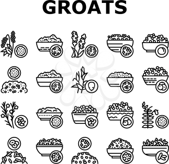 Groats Natural Food Collection Icons Set Vector. Amaranth And Artek, Rice And Corn, Beans And Couscous, Peas And Quinoa Groats Black Contour Illustrations