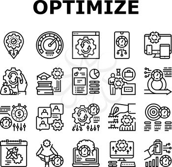 Optimize Operations Collection Icons Set Vector. Optimize Internet Speed And Electronics, Smartphone And Computer, Education And Work Black Contour Illustrations