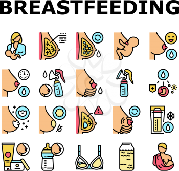 Breastfeeding Baby Collection Icons Set Vector. Newborn Child Feeding And Breastfeeding By Hour, Breast Pump And Silicone Pad Concept Linear Pictograms. Contour Color Illustrations