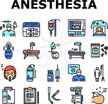 Anesthesiologist Tool Collection Icons Set Vector. Syringe Pump, Anesthesia Machine And Heart Rate Monitor Anesthesiologist Equipment Concept Linear Pictograms. Contour Color Illustrations