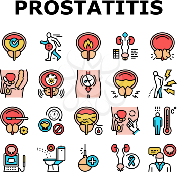 Prostatitis Disease Collection Icons Set Vector. Prostatitis Symptom, Examination And Treatment, Prostate Massage And Analysis Concept Linear Pictograms. Contour Color Illustrations