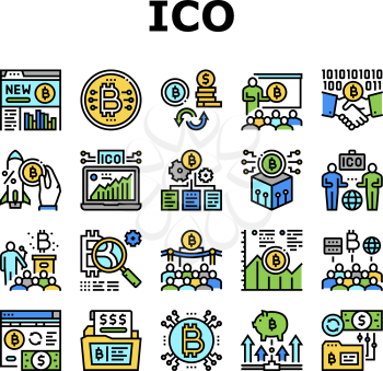 Ico Initial Coin Offer Collection Icons Set Vector. Ico Platform And Successful Start, Presentation And Investing, Development And Cryptocurrency Concept Linear Pictograms. Contour Color Illustrations
