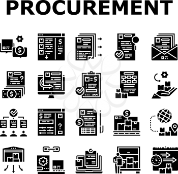 Procurement Process Collection Icons Set Vector. Procurement Warehouse And Contract, Purchase Requisition And Budget Approval Glyph Pictograms Black Illustrations