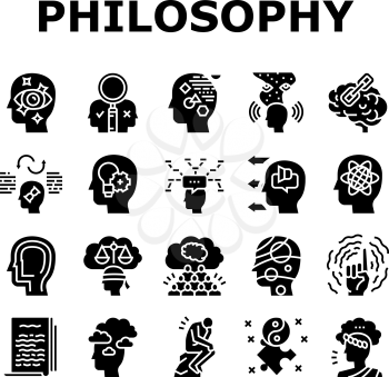 Philosophy Science Collection Icons Set Vector. Social Philosophy And Logic, Aesthetics And Ethics, Metaphilosophy And Epistemology Glyph Pictograms Black Illustrations