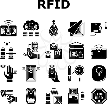 Rfid Chip Technology Collection Icons Set Vector. Security Card And Trinket, Development And Programming Rfid Radio Frequency Identification Glyph Pictograms Black Illustrations