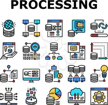 Digital Processing Collection Icons Set Vector. File Compression And Visualization, Download And Upload File Digital Processing Concept Linear Pictograms. Contour Color Illustrations