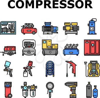 Air Compressor Tool Collection Icons Set Vector. Screw And Piston, Membrane And Centrifugal, Diesel And Rotary Compressor Equipment Concept Linear Pictograms. Contour Color Illustrations