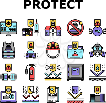 Protect Technology Collection Icons Set Vector. Smell And Noise, Uv And Waterproof Protect Layer, House And Office Protection Equipment Concept Linear Pictograms. Contour Color Illustrations