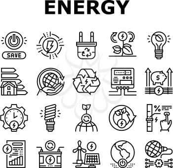 Energy Saving Tool Collection Icons Set Vector. Solar Panel And Electric Meter Energy Saving Equipment, Ecology Removal And Recycling Black Contour Illustrations