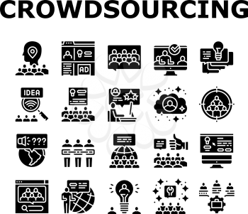 Crowdsourcing Business Collection Icons Set Vector. Internet Advertising And Social Media Promotion, Idea And Viral Marketing Crowdsourcing Glyph Pictograms Black Illustrations