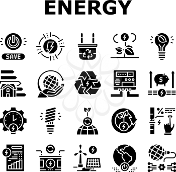 Energy Saving Tool Collection Icons Set Vector. Solar Panel And Electric Meter Energy Saving Equipment, Ecology Removal And Recycling Glyph Pictograms Black Illustrations