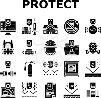 Protect Technology Collection Icons Set Vector. Smell And Noise, Uv And Waterproof Protect Layer, House And Office Protection Equipment Glyph Pictograms Black Illustrations