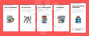 Analyze Infographic Onboarding Mobile App Page Screen Vector. Analyze And Research Market Diagram, Binary Code And Report On Computer Display Illustrations