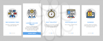 Project Development Onboarding Mobile App Page Screen Vector. Development Idea And Target, Working Time And Deadline, Team And Meeting Illustrations
