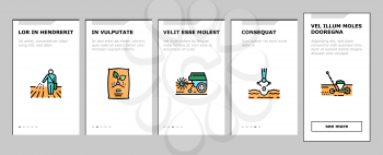 Sowing Agricultural Onboarding Mobile App Page Screen Vector. Sowing Seeds And Field Processing, Plant Care And Harvesting, Tractor And Harvester Illustrations