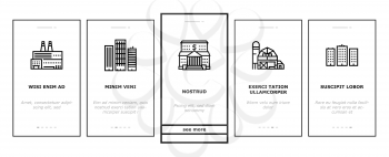 Building Architecture Onboarding Mobile App Page Screen Vector. Skyscraper And Bank, Hospital And Shop, Railway Station And Hotel, Church And Parking Building Illustrations