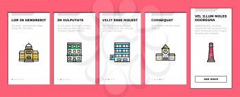 Building Architecture Onboarding Mobile App Page Screen Vector. Skyscraper And Bank, Hospital And Shop, Railway Station And Hotel, Church And Parking Building Illustrations