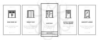 Interior Doors Types Onboarding Mobile App Page Screen Vector. Swing, Sliding And Folding Doors, Veneer And Medium Density Fibreboard, Wooden And Metal Material Illustrations