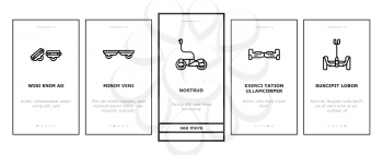 Personal Transport Onboarding Mobile App Page Screen Vector. Scooter And Bicycle, Motorbike And Bike, Electric Monowheel And Hoverboard Transport Illustrations