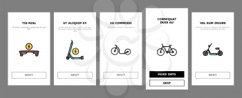 Personal Transport Onboarding Mobile App Page Screen Vector. Scooter And Bicycle, Motorbike And Bike, Electric Monowheel And Hoverboard Transport Illustrations