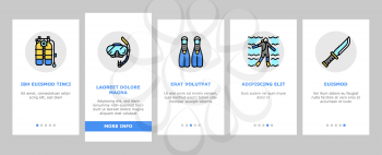 Diving Scuba Equipment Onboarding Mobile App Page Screen Vector. Mask And Snokler, Fins And Swimming Suit, Flash Light And Knife Diving Tool Illustrations