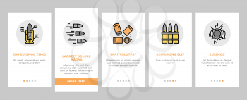 Bullet Ammunition Onboarding Mobile App Page Screen Vector. Bullet Expelling From Gun Barrel Shooting And Hole, Cartridge, Armor Piercing, Boat Tail And Soft Point Illustrations