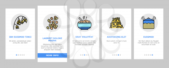 Oatmeal Nutrition Onboarding Mobile App Page Screen Vector. Oat And Flour Bag, Cookies And Milk, Bar And Oatmeal Porridge, Boiling And Cooked Breakfast Illustrations
